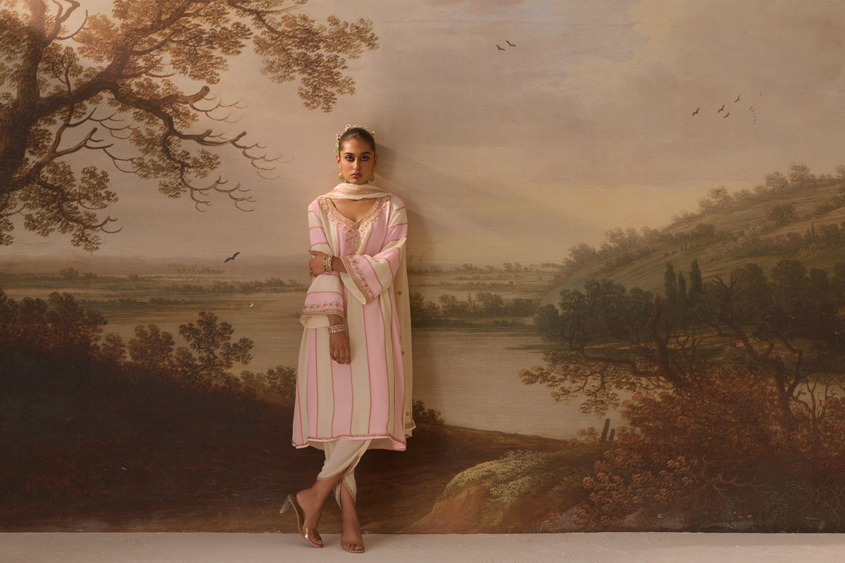 Powder Pink Panelled Kurta Set