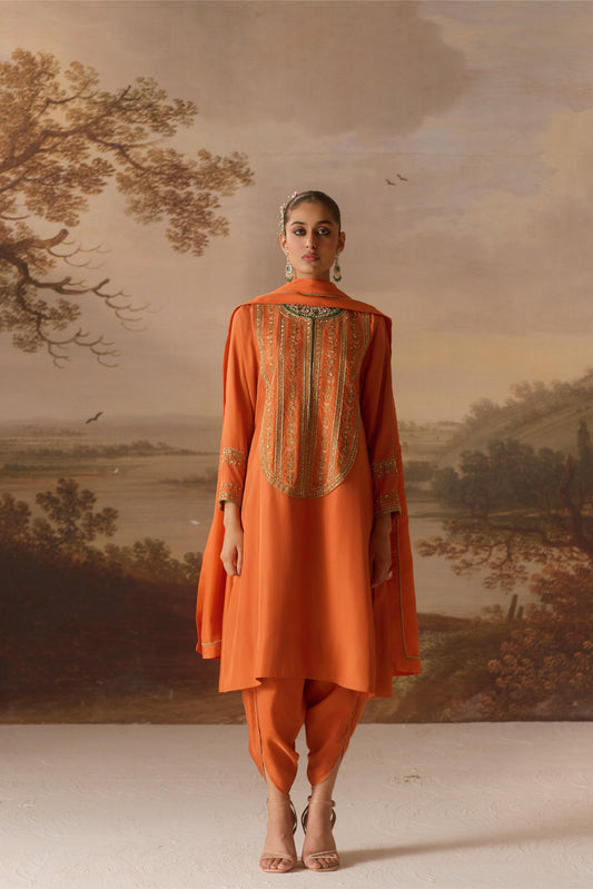 Rust Kurta with Drape Dhoti Set