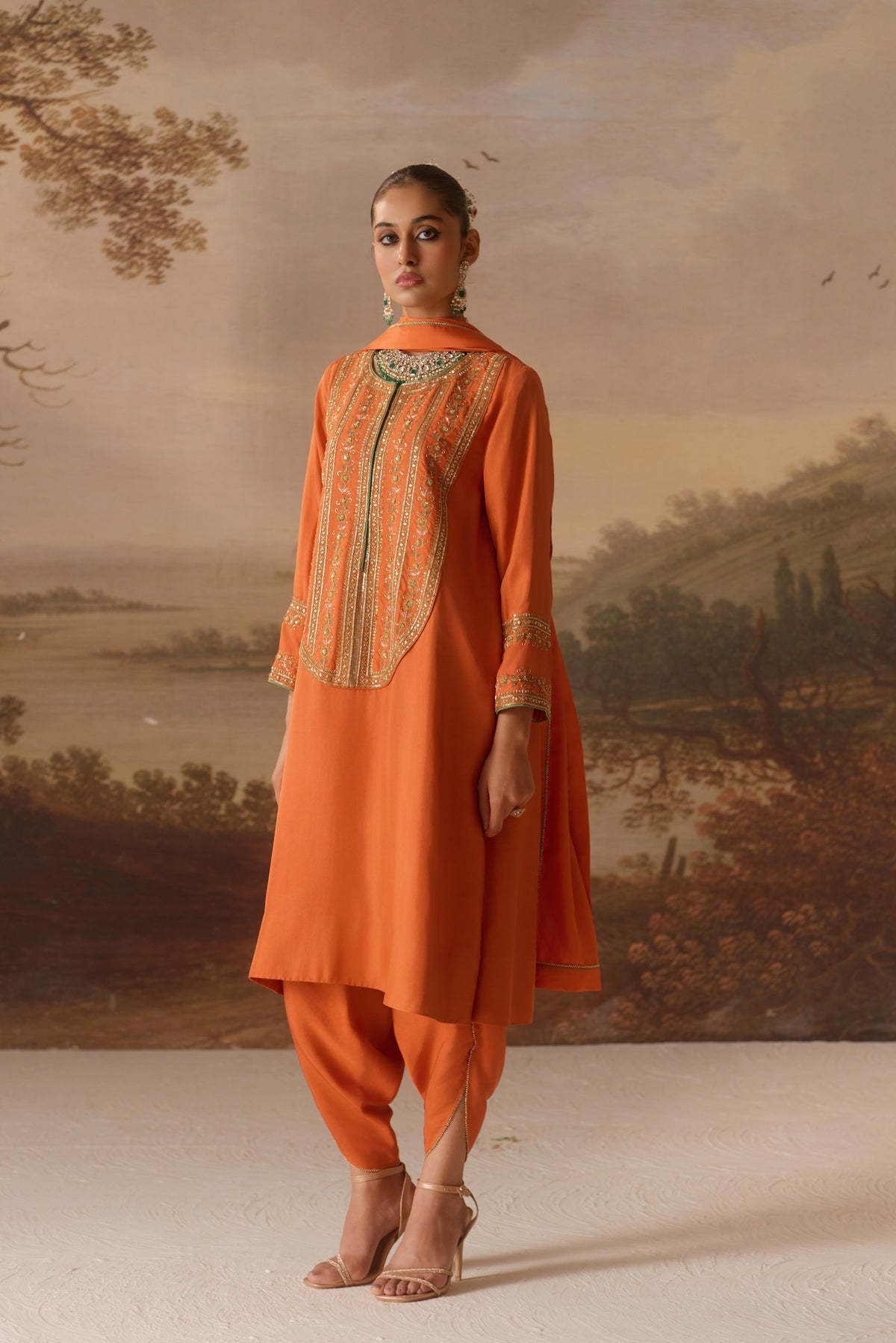 Rust Kurta with Drape Dhoti Set
