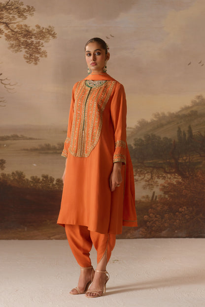 Rust Kurta with Drape Dhoti Set