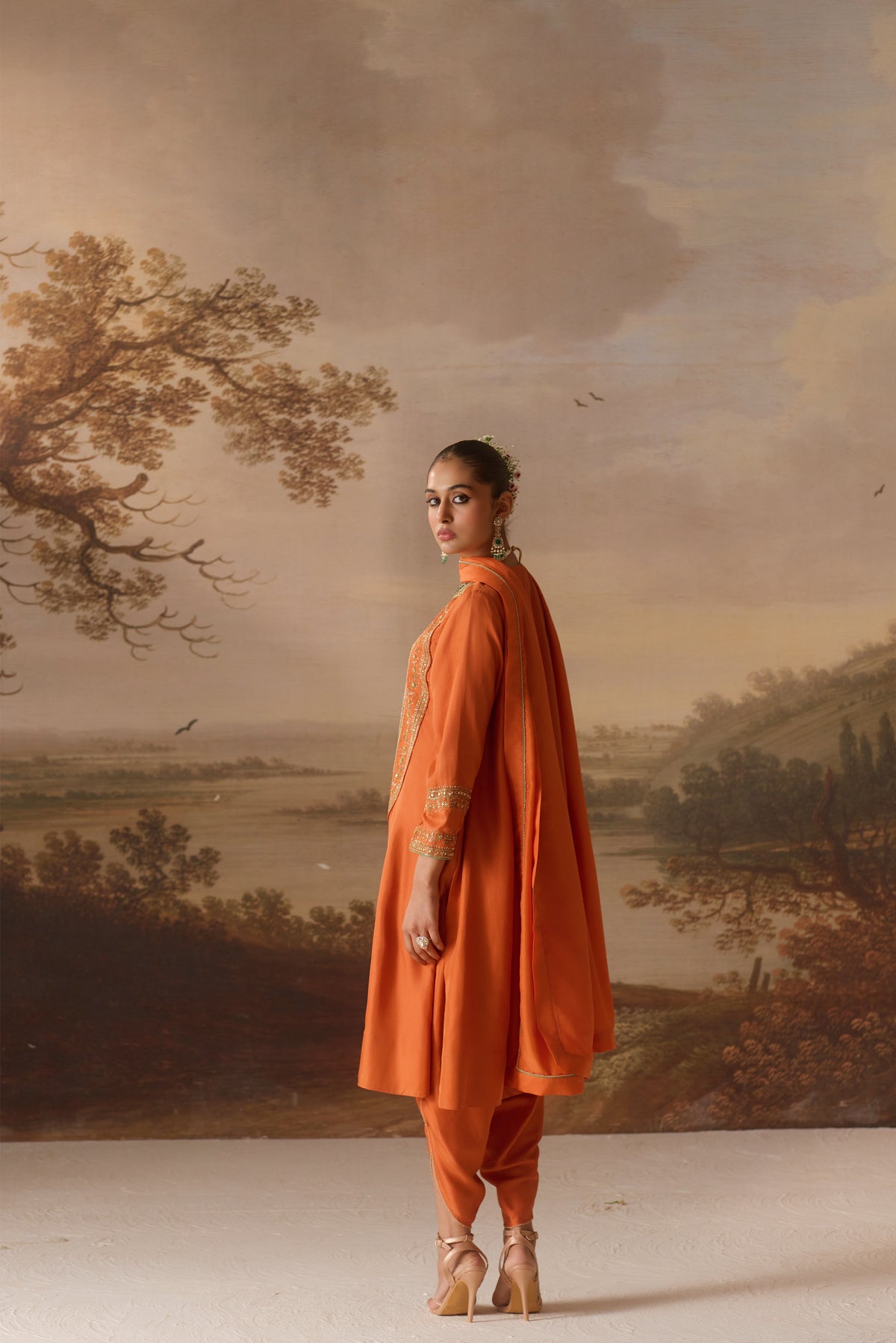 Rust Kurta with Drape Dhoti Set