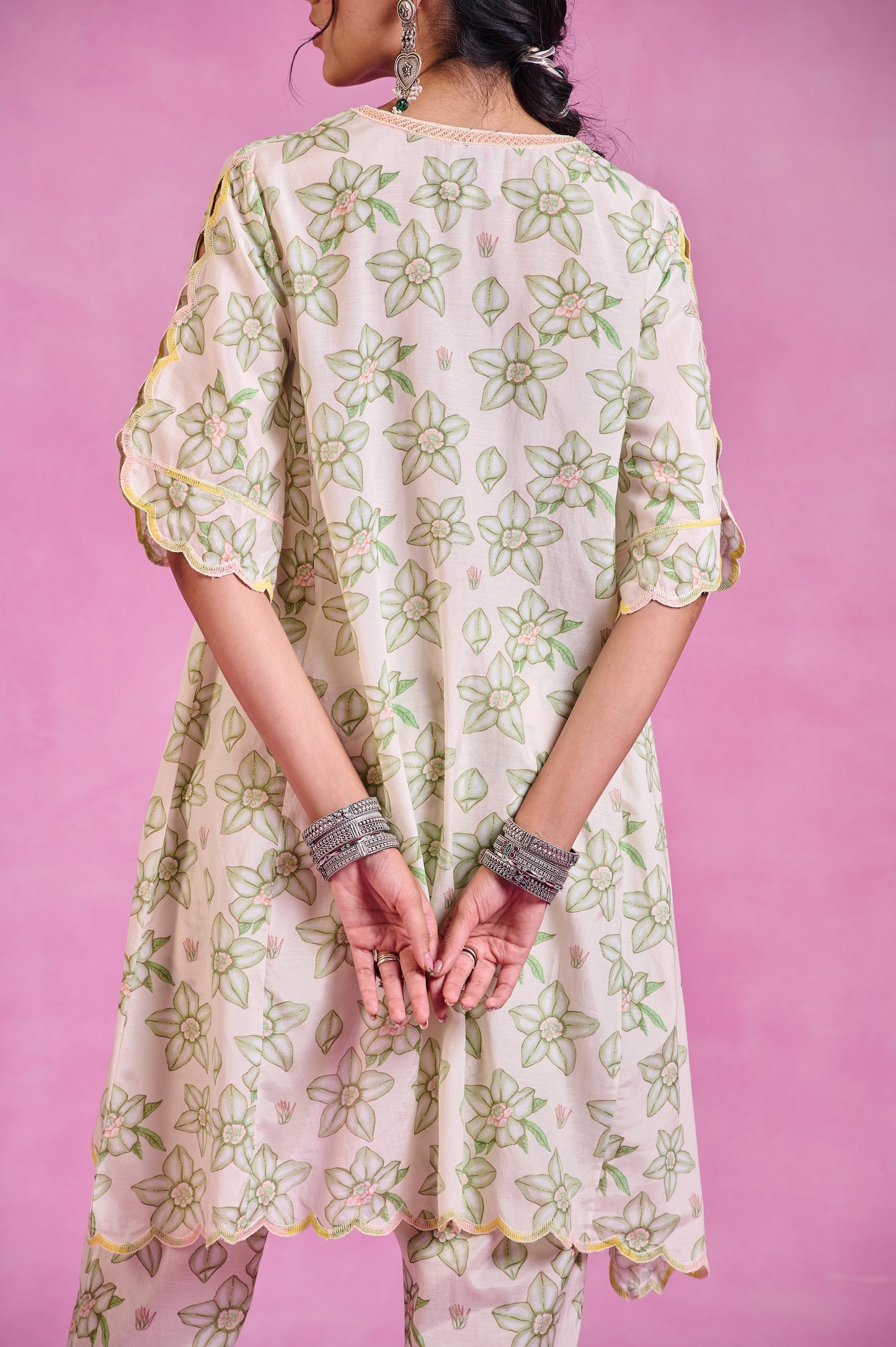 The Ethereal Ivory & Green Printed High-Low Kurta Set