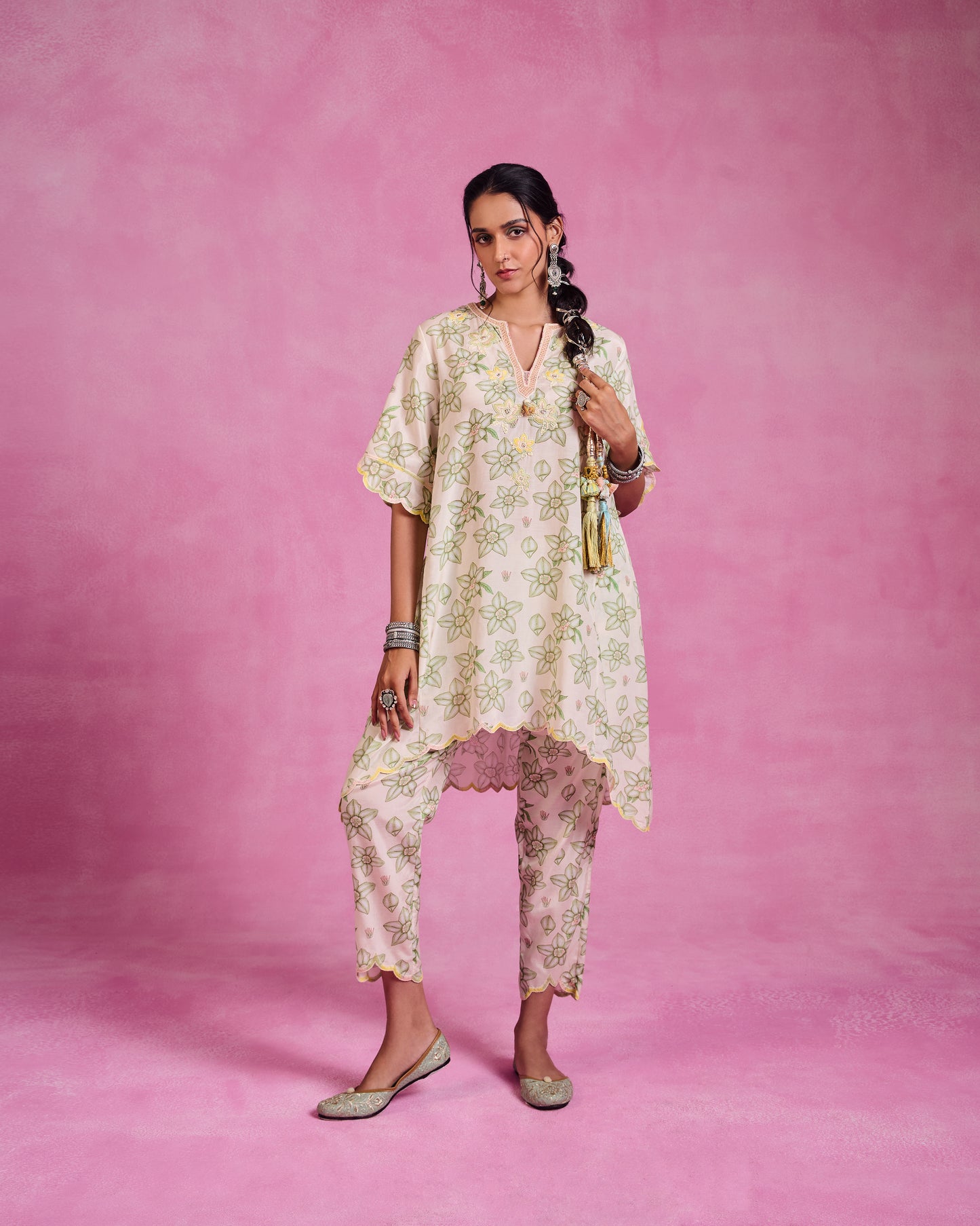 The Ethereal Ivory & Green Printed High-Low Kurta Set