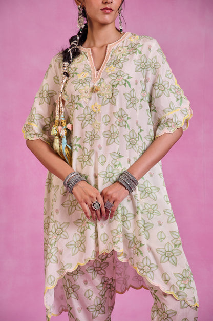 The Ethereal Ivory & Green Printed High-Low Kurta Set