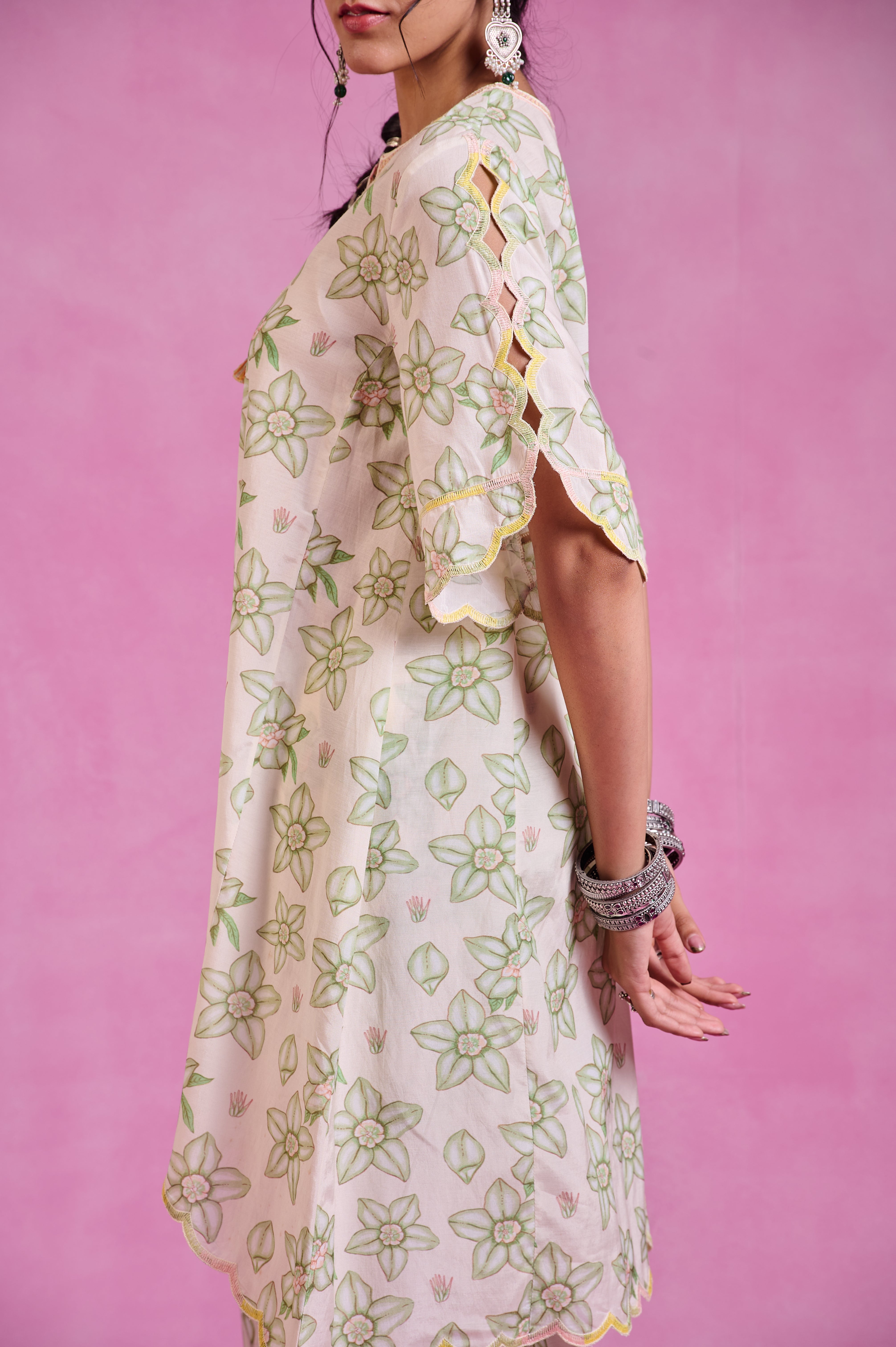 The Ethereal Ivory & Green Printed High-Low Kurta Set