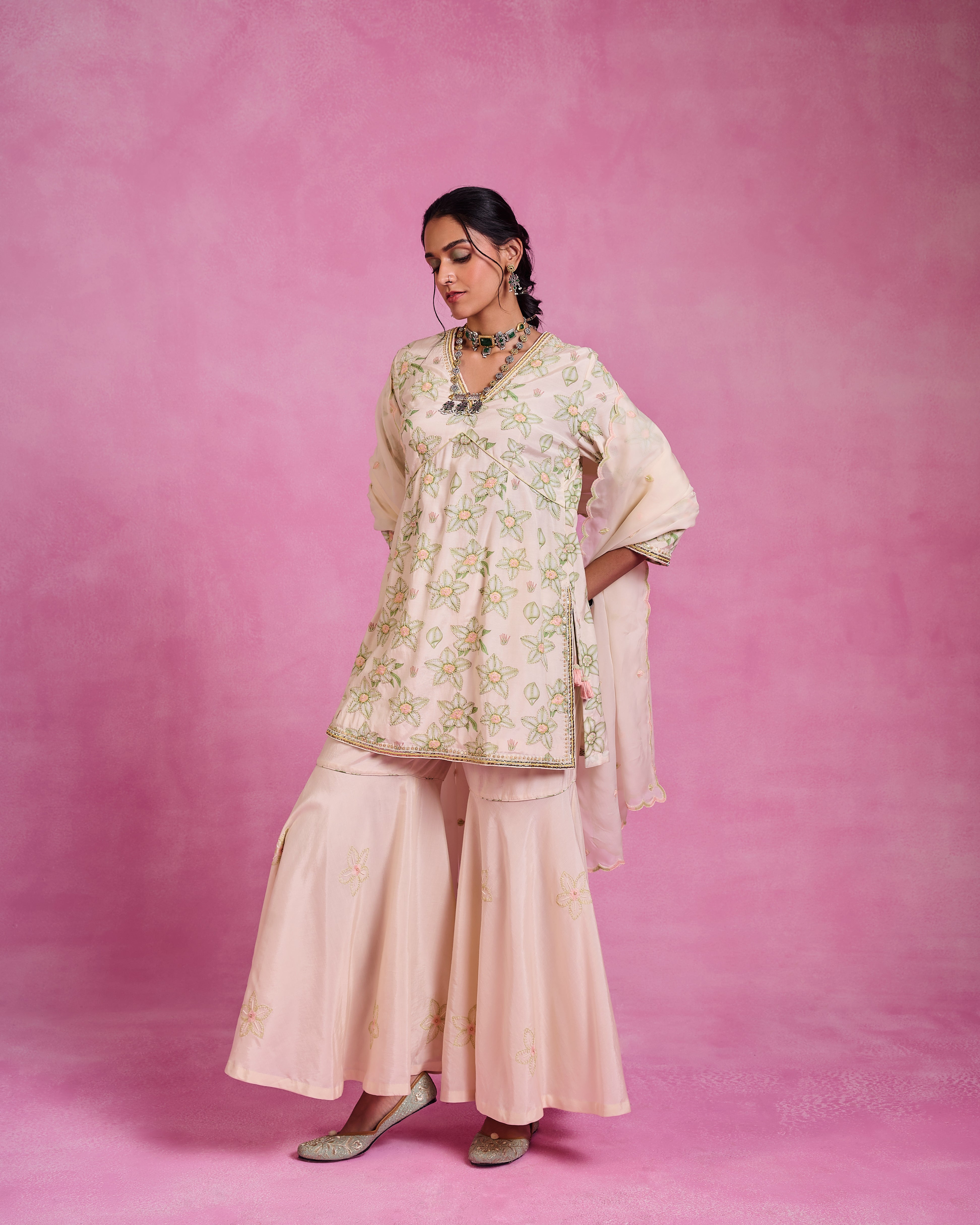 The Ethereal- Ivory & Green Bloom Sharara Set