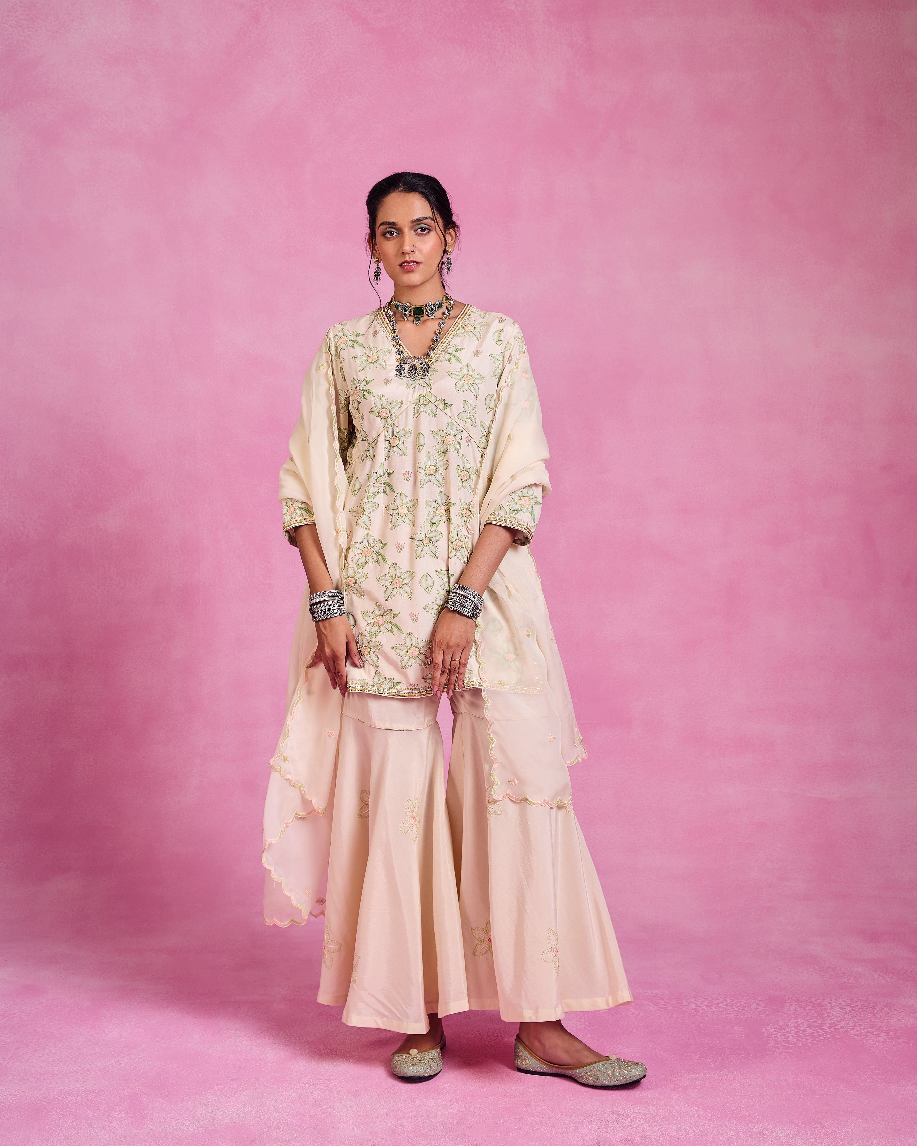 The Ethereal- Ivory & Green Bloom Sharara Set