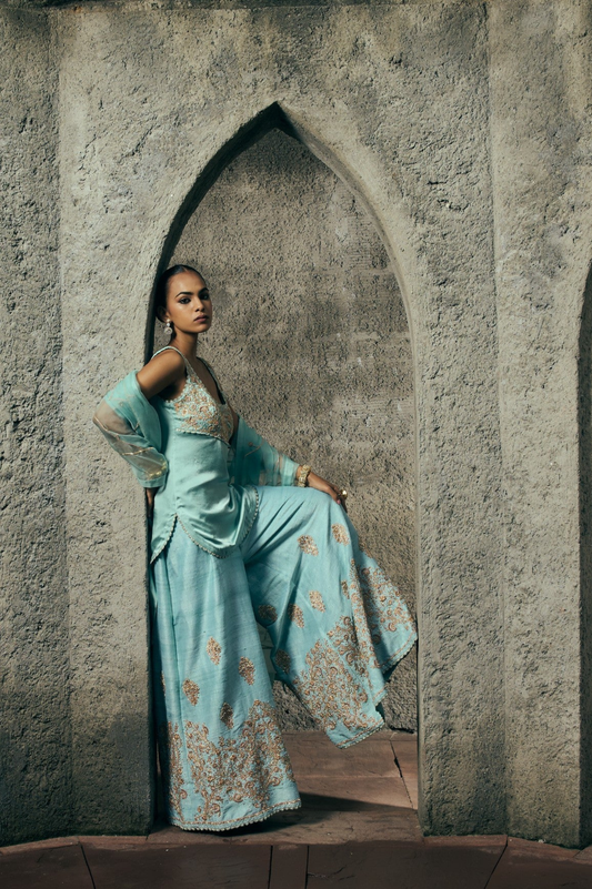 The Eternal Aqua Blue Kurta- Top & Sharara Set