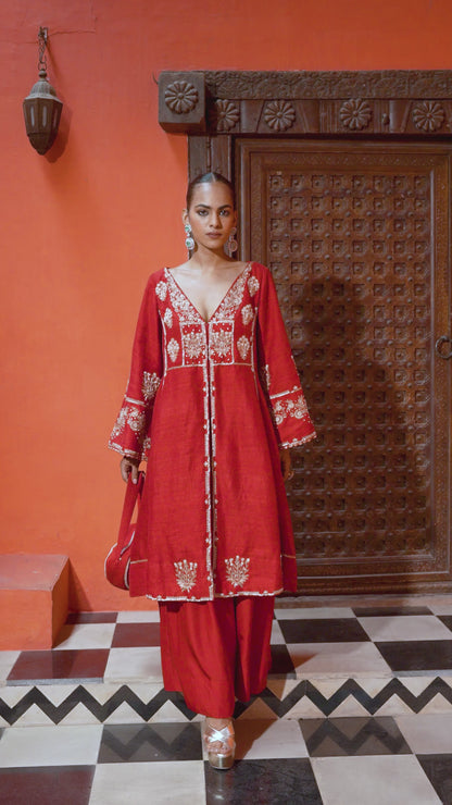 The Eternal Ruby Red Flowy Kurta & Sharara Set